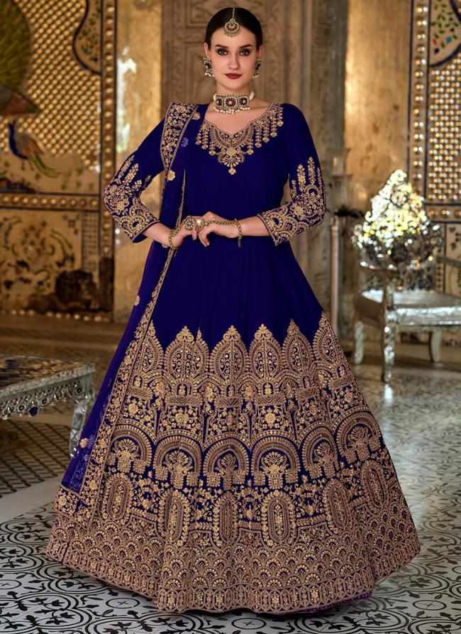 Velvet Blue Wedding Wear Embroidery Work Anarkali Suit